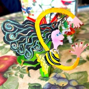 Hand painted metal jeweled lady & floral design with heart faux crystal, pearls